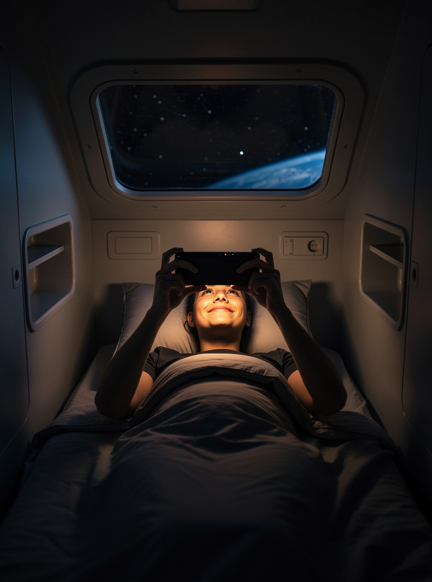 Person playing a handheld game in a space station sleeping pod
