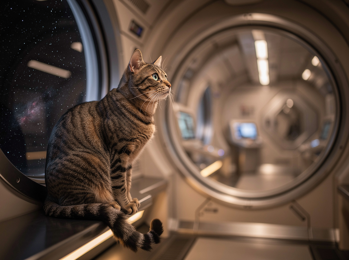 Cat perched beside a viewport on a space station